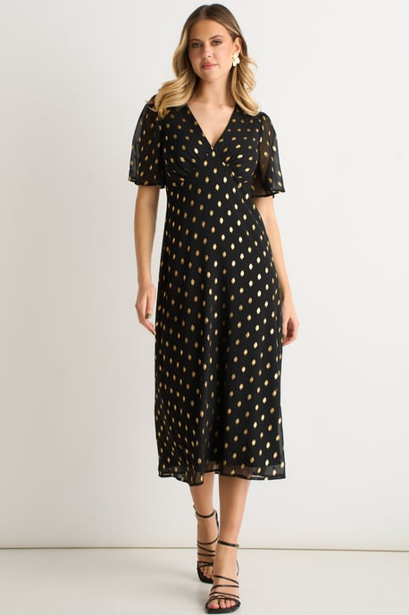 Vestido Midi Skater de Foil con Escote en V Negro - Image 1