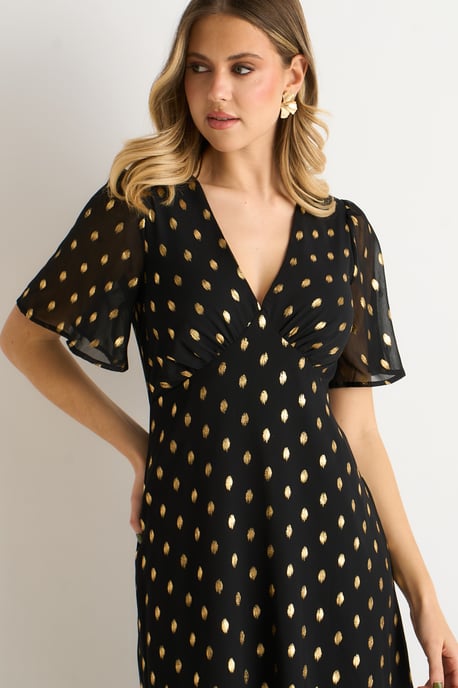 Vestido Midi Skater de Foil con Escote en V Negro - Image 2