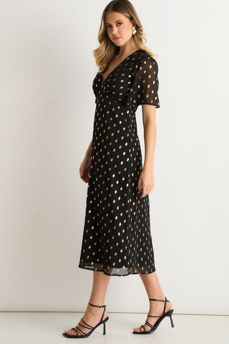 Vestido Midi Skater de Foil con Escote en V Negro - Image 3