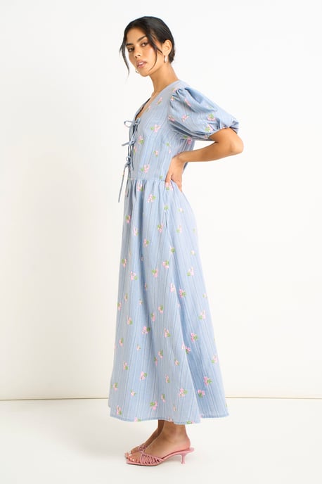Vestido midi azul de algodón mezclado con detalle de lazo y mangas abullonadas - Image 3