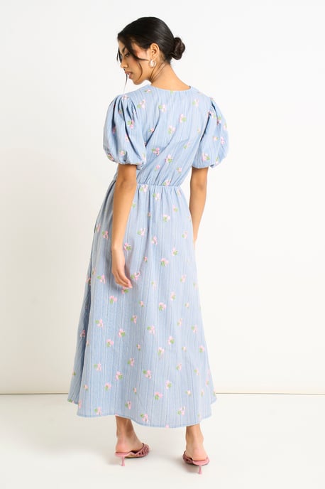 Vestido midi azul de algodón mezclado con detalle de lazo y mangas abullonadas - Image 4