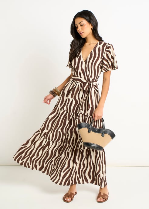 Vestido midi cruzado con estampado de cebra y chocolate - Image 3