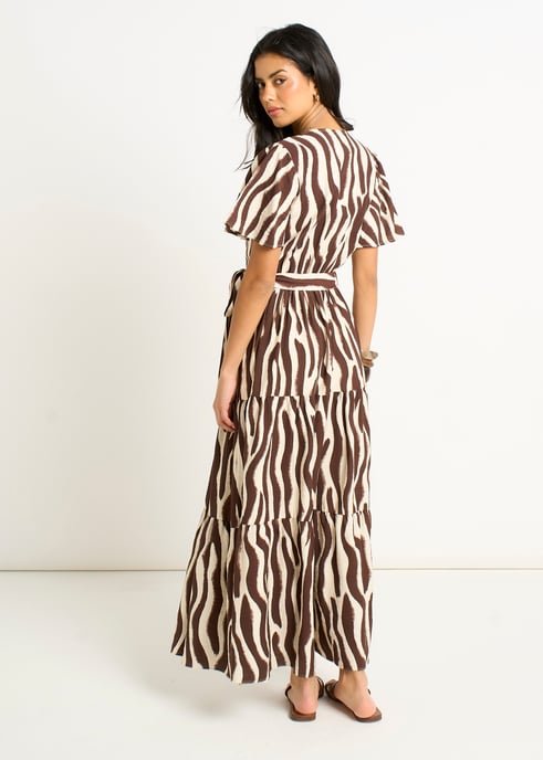 Vestido midi cruzado con estampado de cebra y chocolate - Image 4