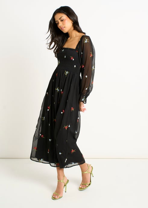 Vestido negro de gasa con bordado floral - Image 3