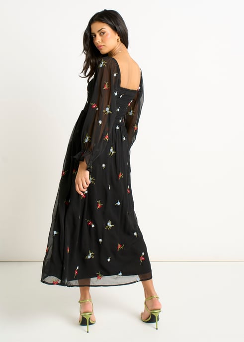 Vestido negro de gasa con bordado floral - Image 4