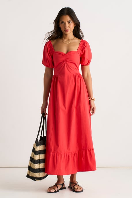Vestido midi con mangas abullonadas rojo gitano - Image 1