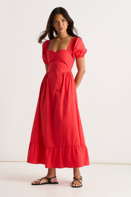 Vestido midi con mangas abullonadas rojo gitano - Image 3