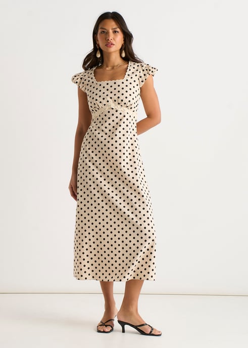Vestido midi de algodón color crema con estampado de lunares y ribete de encaje - Image 1
