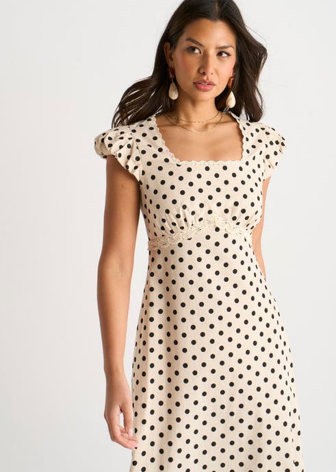 Vestido midi de algodón color crema con estampado de lunares y ribete de encaje - Image 2
