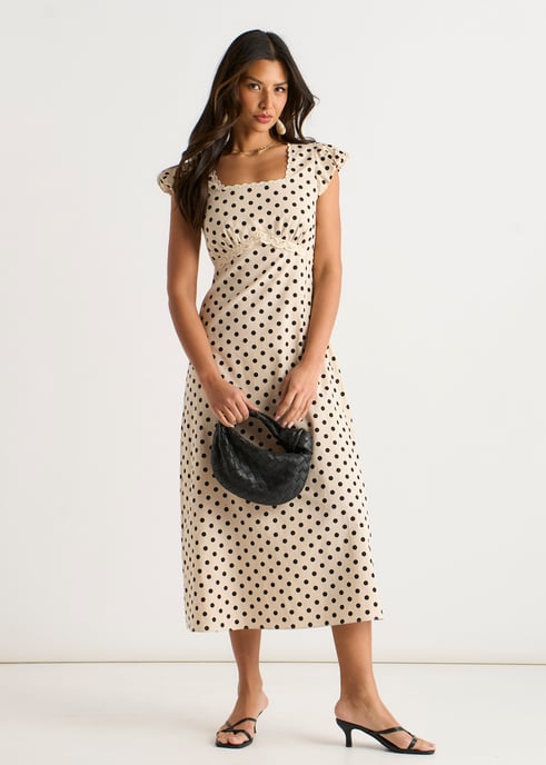 Vestido midi de algodón color crema con estampado de lunares y ribete de encaje - Image 3