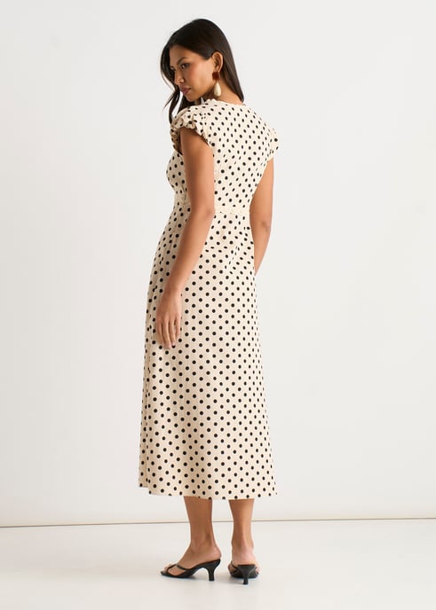 Vestido midi de algodón color crema con estampado de lunares y ribete de encaje - Image 4