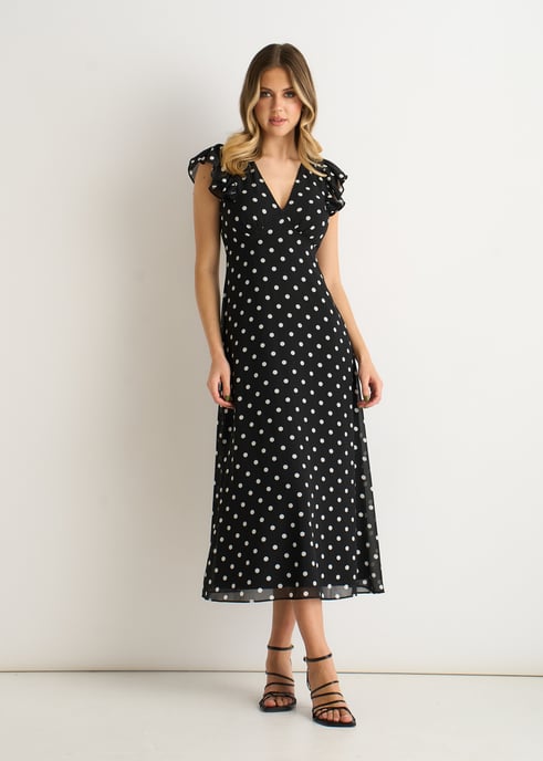 Vestido midi skater negro con cuello en V y mangas acampanadas - Image 1