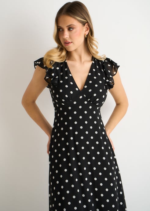 Vestido midi skater negro con cuello en V y mangas acampanadas - Image 2