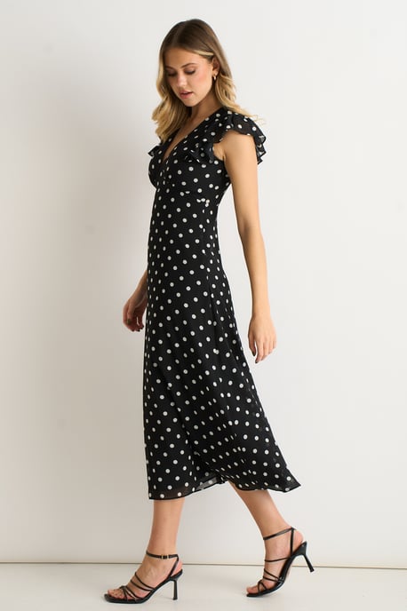 Vestido midi skater negro con cuello en V y mangas acampanadas - Image 3