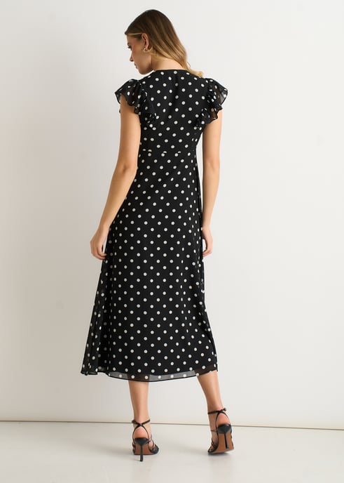 Vestido midi skater negro con cuello en V y mangas acampanadas - Image 4