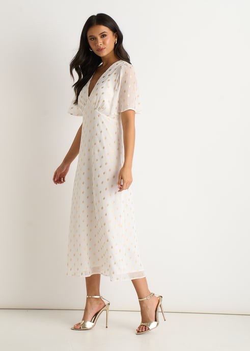 Vestido midi skater blanco con cuello en V y lámina metalizada - Image 3
