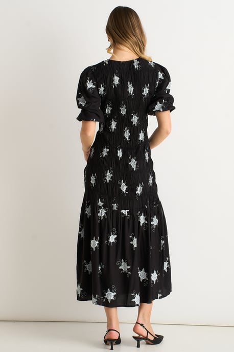 Vestido midi negro con mangas 3/4 y estampado de cachemira fruncido - Image 4