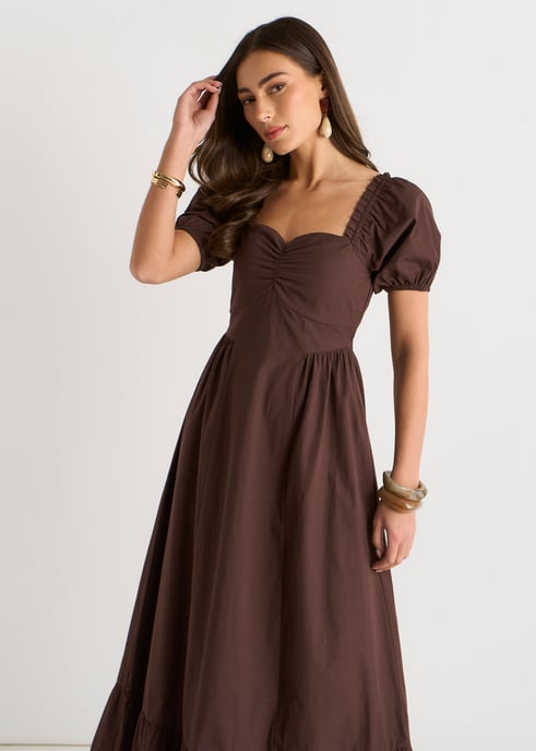 Vestido midi marrón gitano con mangas abullonadas - Image 2