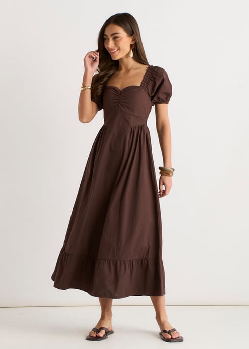 Vestido midi marrón gitano con mangas abullonadas - Image 3