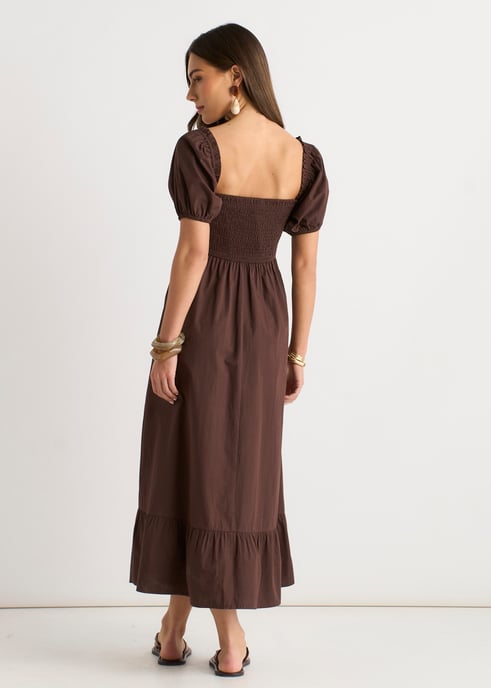 Vestido midi marrón gitano con mangas abullonadas - Image 4