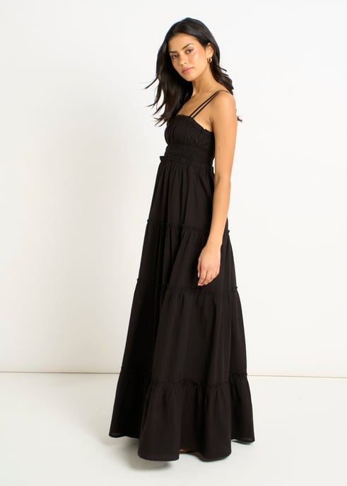 Vestido largo acampanado con tirantes fruncidos de algodón negro - Image 3