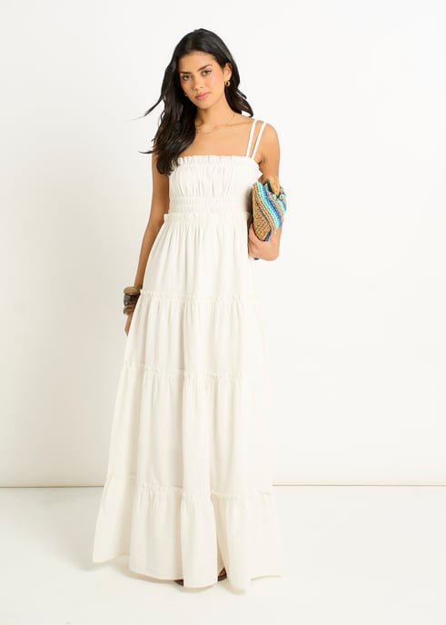 Vestido largo acampanado con tirantes fruncidos de algodón blanco - Image 1