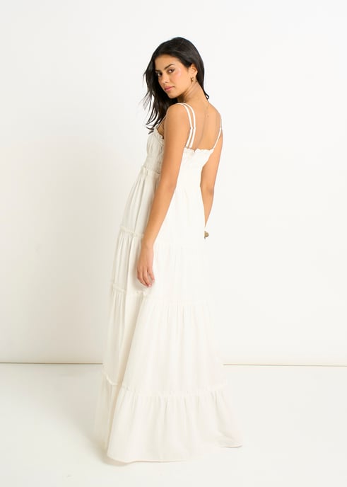 Vestido largo acampanado con tirantes fruncidos de algodón blanco - Image 4