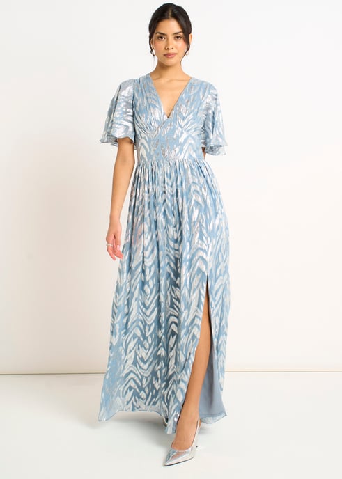 Vestido largo de manga corta con estampado metálico azul brillante - Image 1