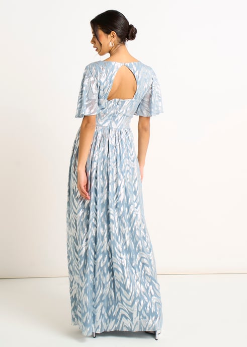 Vestido largo de manga corta con estampado metálico azul brillante - Image 4
