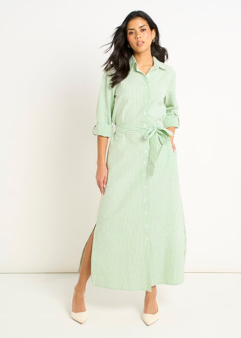 Vestido camisero verde de manga larga con rayas de seersucker - Image 1