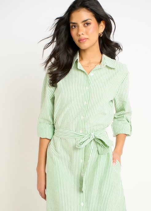 Vestido camisero verde de manga larga con rayas de seersucker - Image 2