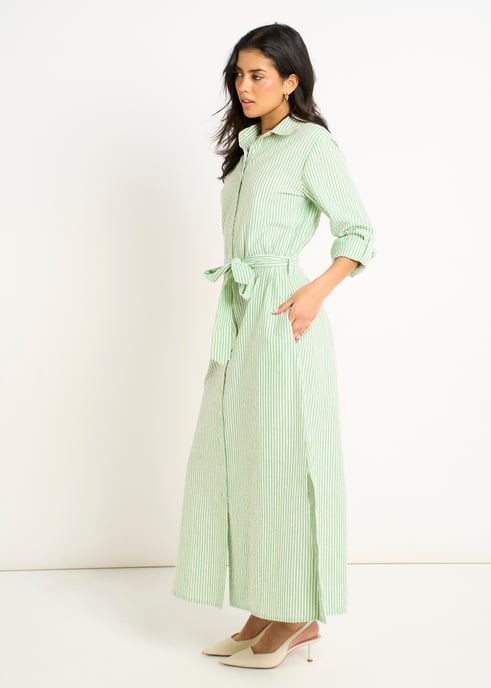 Vestido camisero verde de manga larga con rayas de seersucker - Image 3