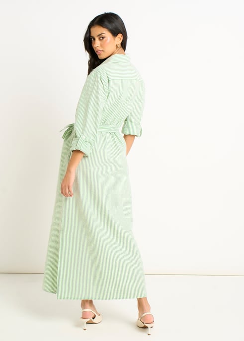Vestido camisero verde de manga larga con rayas de seersucker - Image 4