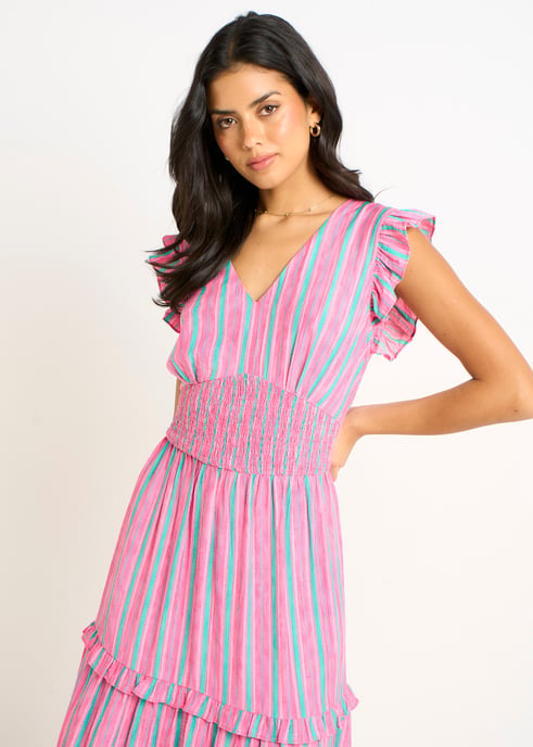 Vestido largo con cintura fruncida y rayas rosas de verano - Image 2