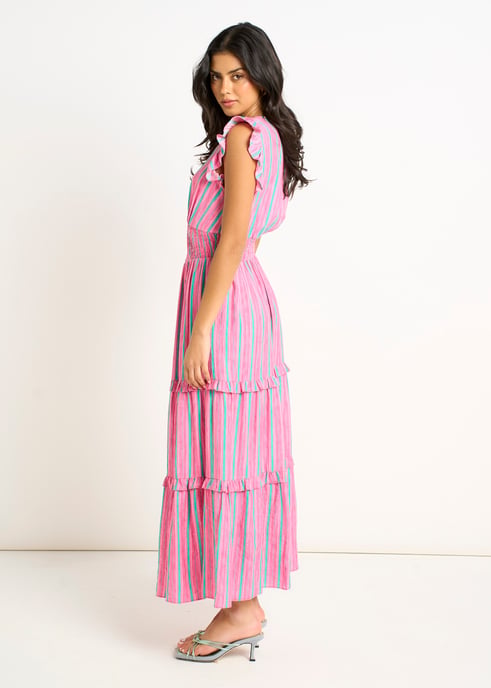 Vestido largo con cintura fruncida y rayas rosas de verano - Image 3