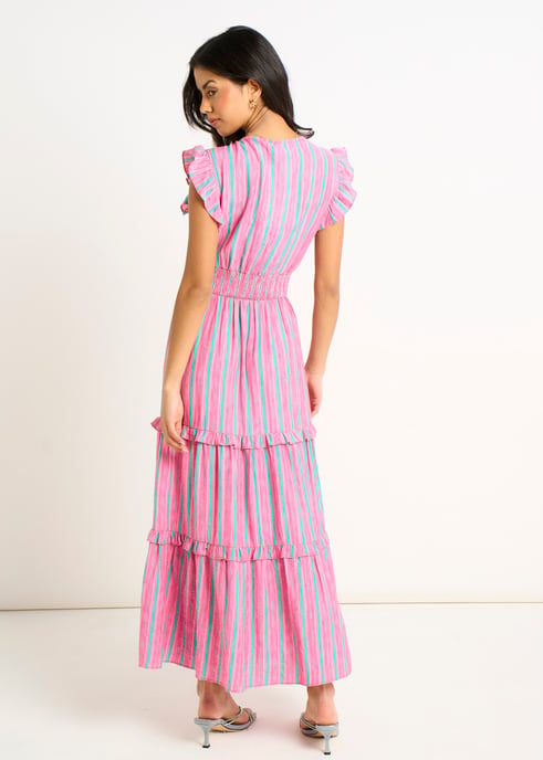 Vestido largo con cintura fruncida y rayas rosas de verano - Image 4
