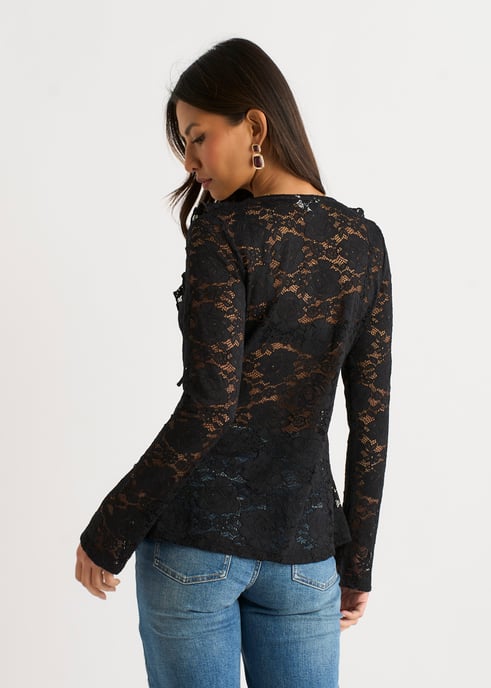 Blusa negra de encaje con volantes y lazo delantero - Image 4
