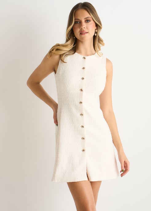 Vestido mini con botones de punto bouclé color crema - Image 2