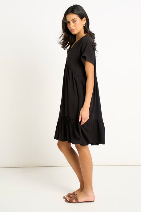 Vestido mini con cuello en V negro y volantes - Image 3
