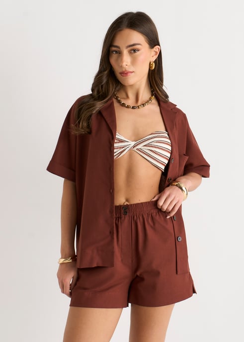 Camisa oversize con botones de mezcla de lino y chocolate - Image 2