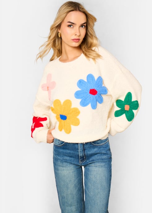 Jersey de punto con flores en 3D de ganchillo color crema - Image 2