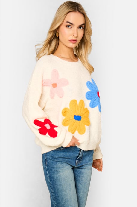 Jersey de punto con flores en 3D de ganchillo color crema - Image 3