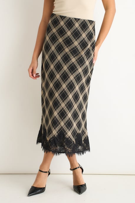 Falda sesgada de encaje con contraste y estampado monocromático - Image 2