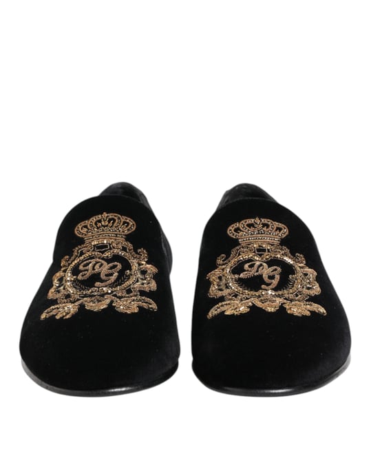 Zapatos Loafers para Hombre de Terciopelo Negro con Corona Dorada de Dolce & Gabbana - Image 3