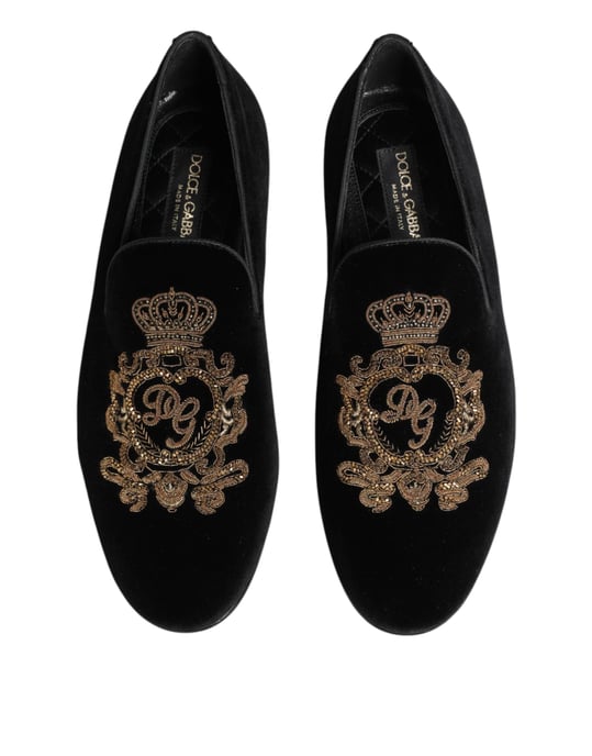 Zapatos Loafers para Hombre de Terciopelo Negro con Corona Dorada de Dolce & Gabbana - Image 4
