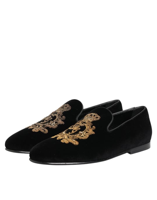 Zapatos Loafers para Hombre de Terciopelo Negro con Corona Dorada de Dolce & Gabbana - Image 5