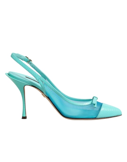 Zapatos de tacón de malla de cuero azul Dolce & Gabbana con tiras al talón - Image 2
