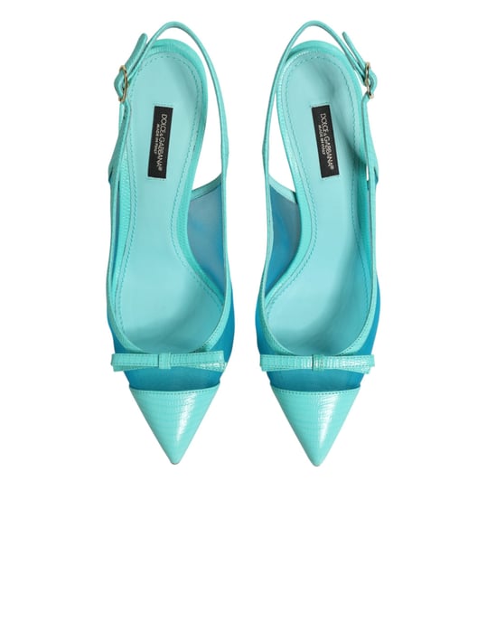 Zapatos de tacón de malla de cuero azul Dolce & Gabbana con tiras al talón - Image 4