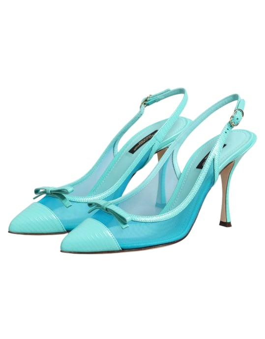Zapatos de tacón de malla de cuero azul Dolce & Gabbana con tiras al talón - Image 5
