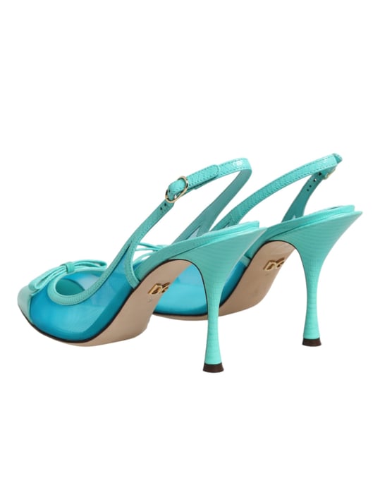 Zapatos de tacón de malla de cuero azul Dolce & Gabbana con tiras al talón - Image 6
